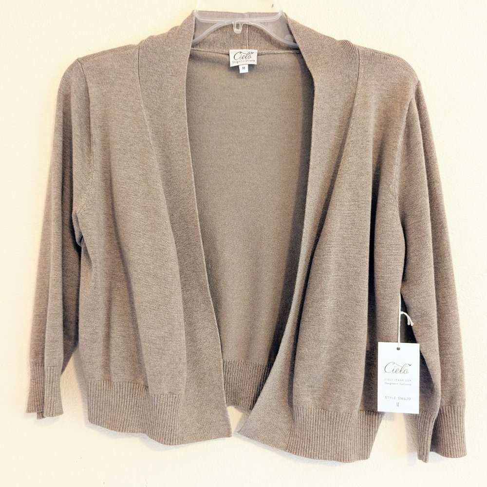 Cielo Women's Soft Solid Open Front 3/4 Sleeve Sweater Cardigan, Camel,  Sz M - Picture 2 of 5